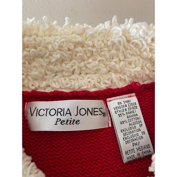 Victoria Jones Red Christmas Cardigan Sweater Sherpa Collar Beads Medium Petite - Picture 3 of 9